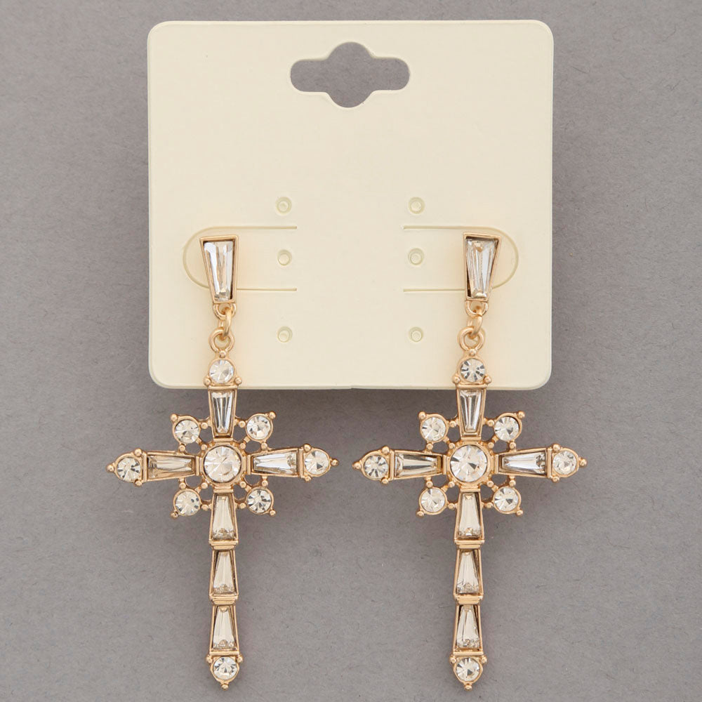 Gold Rhinestone Metal Cross Earrings