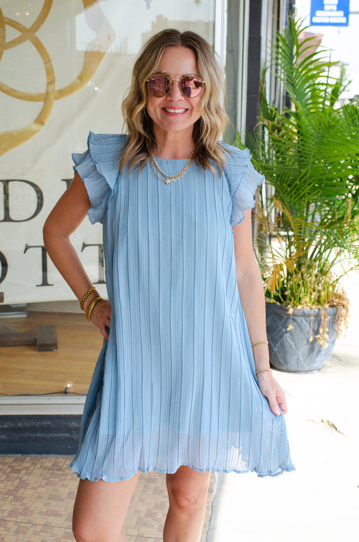 Make Your Day Blue Accordion Pleated Ruffle Sleeve Dress