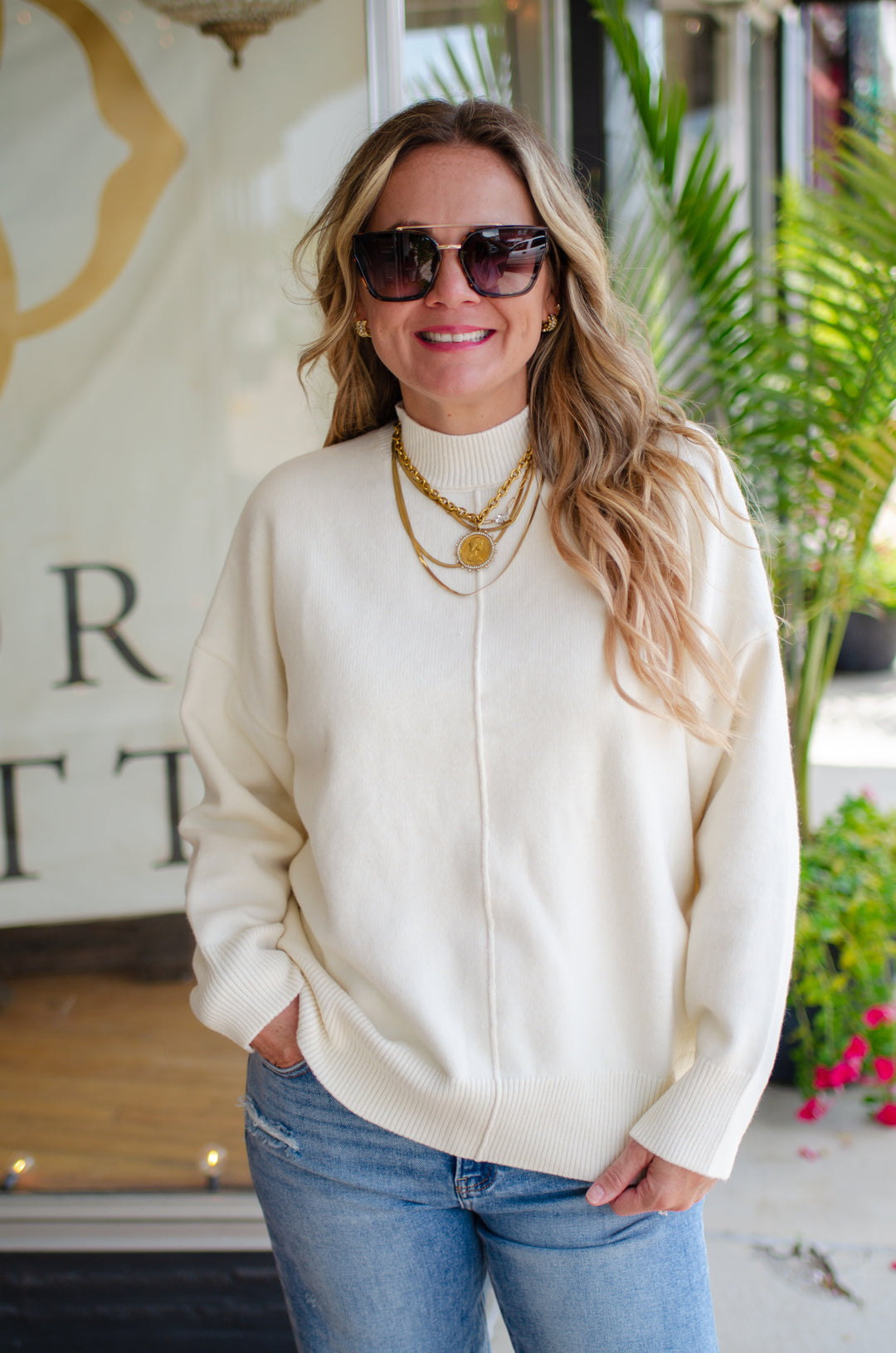 Winter Wish Front Seam Mock Neck Long Sleeve Sweater in Cream