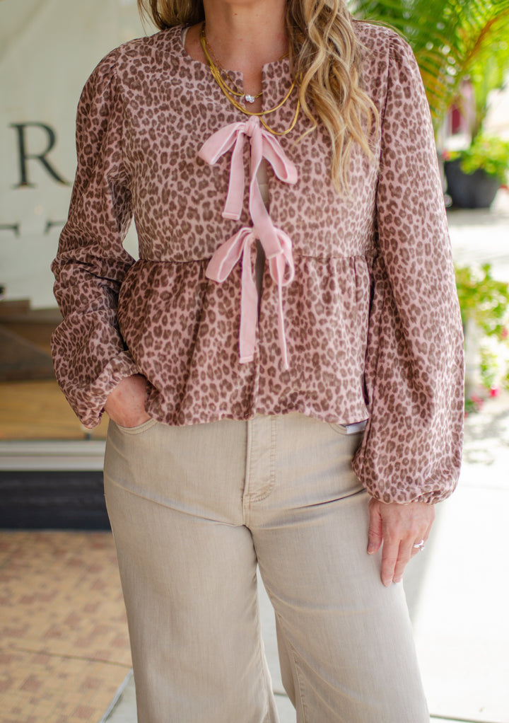Wild Ways Pink Leopard Velvet Bow Front Top