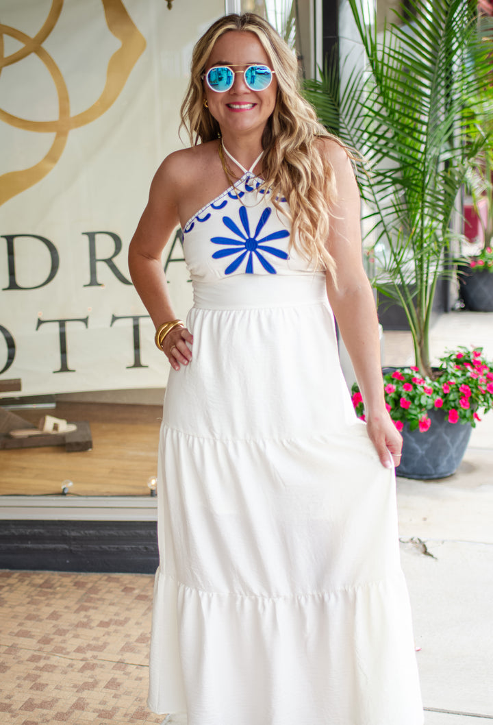 Summer Is Calling Blue Embroidered Halter Maxi Dress