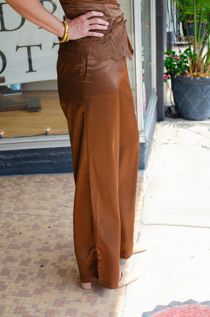 Fall Romance High Rise Satin Wide Leg Pant in Brown