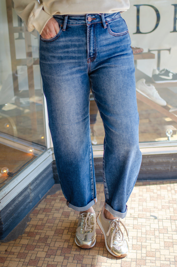 Risen High Rise Crop Barrel Jeans in Medium Wash