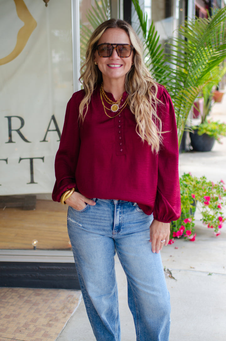Weekend Romance Silky Button Down Blouse in Burgundy