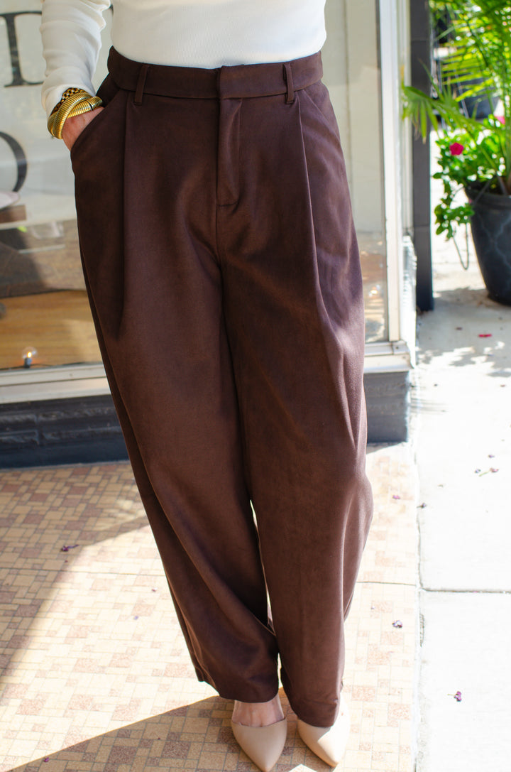 Turn Back Time Faux Suede Trouser in Chocolate
