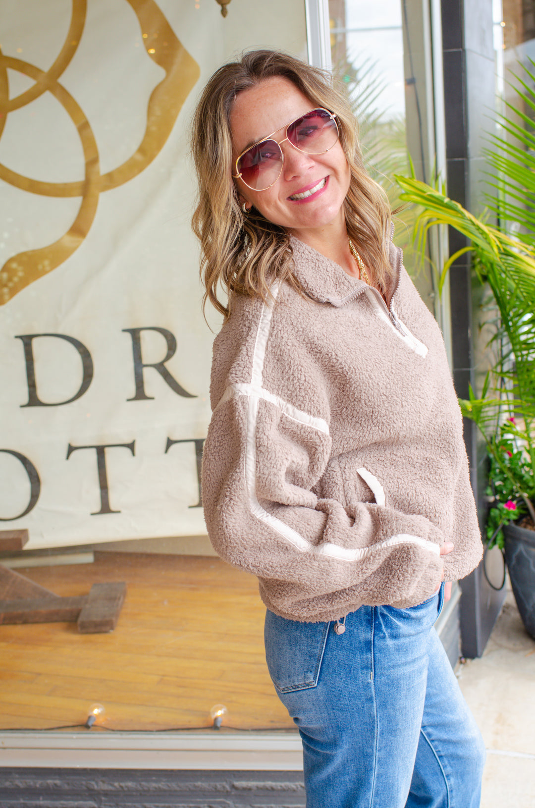 Fall Feels Sherpa Pull Over Long Sleeve 3/4 Zip in Mocha