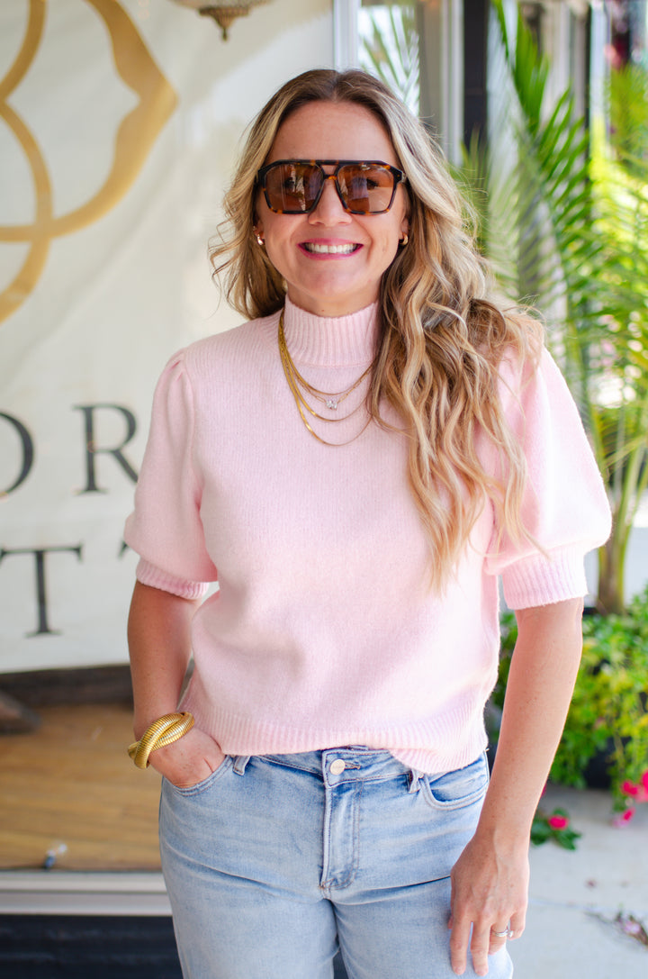 Powder Pink Short Sleeve Ribbed Sweater with Puff Sleeves