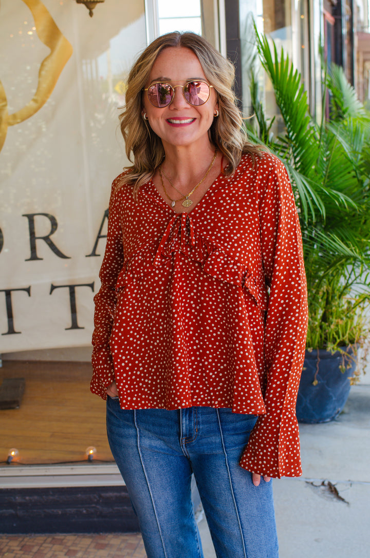 Fall Feels Polka Dot Rust Babydoll Long Sleeve Top
