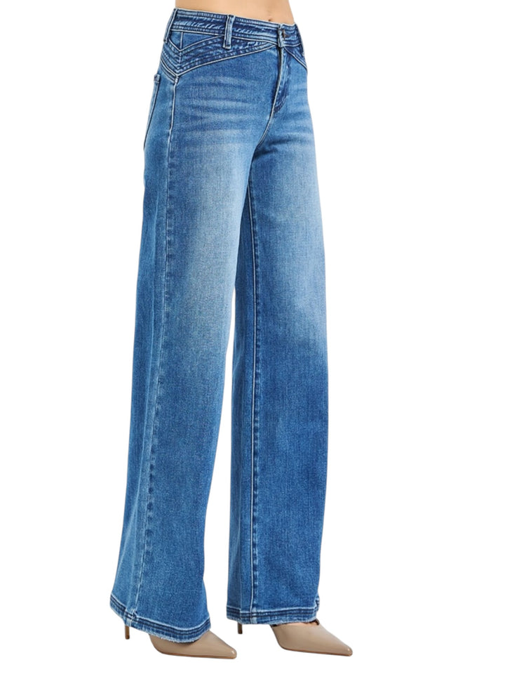 Risen High Rise Wide Leg Waist Detail Jeans in Dark Wash