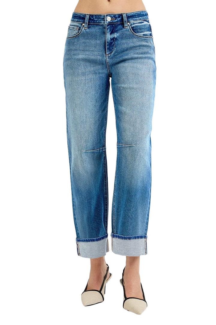 Risen Slouchy Crop Barrel Cuffed Jeans in Medium Wash