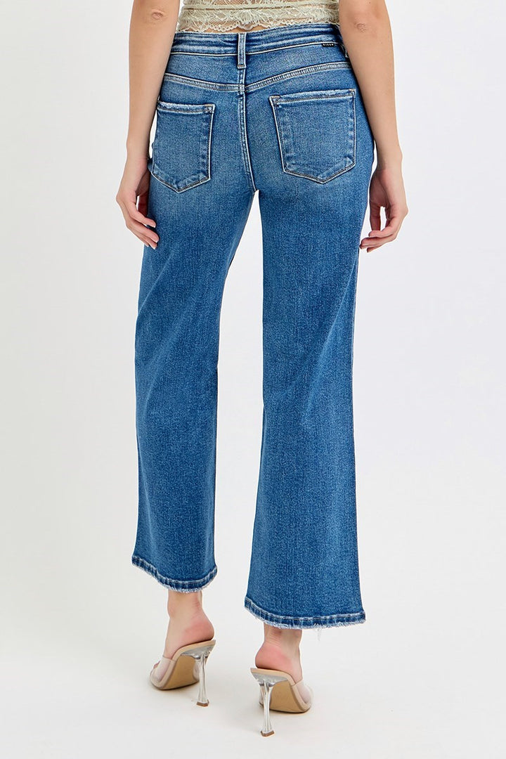 Risen Tummy Control High Rise Crop Wide Leg Jeans in Dark Wash