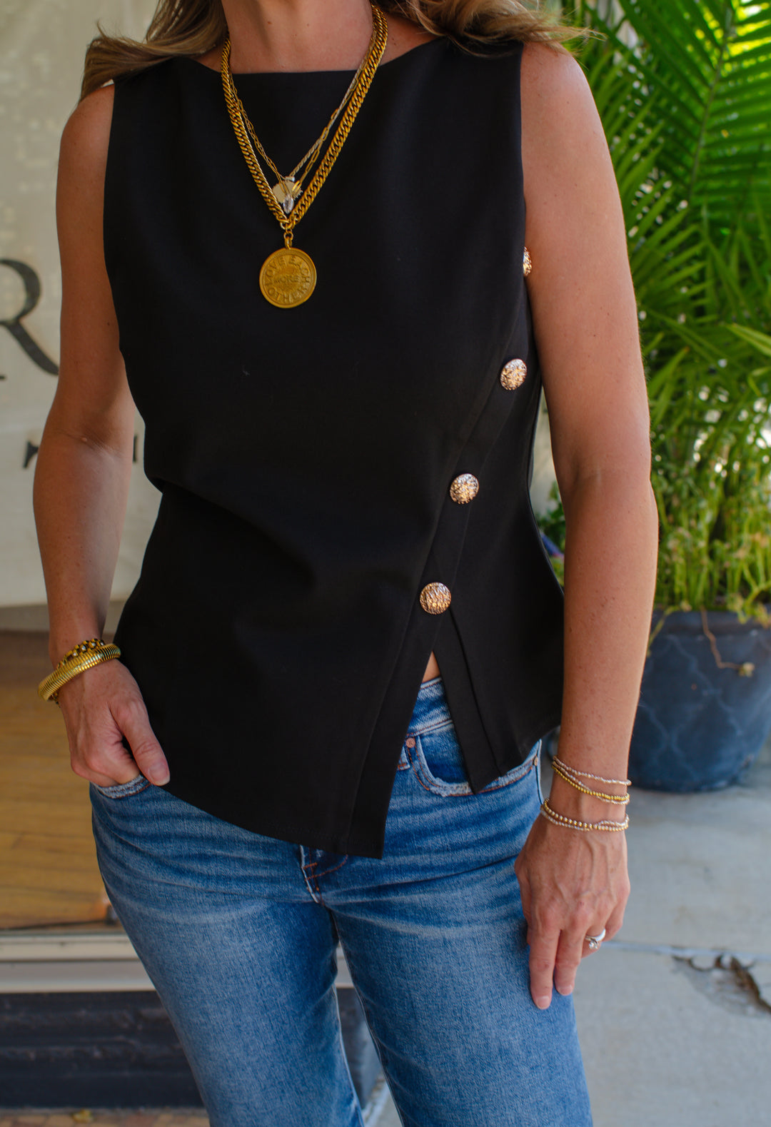 Day Out Black Asymmetrical Gold Button Down Sleeveless Top