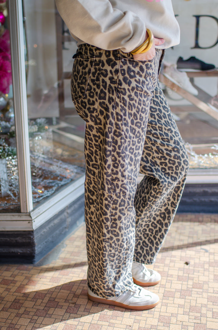 Risen High Rise Leopard Barrel Jeans