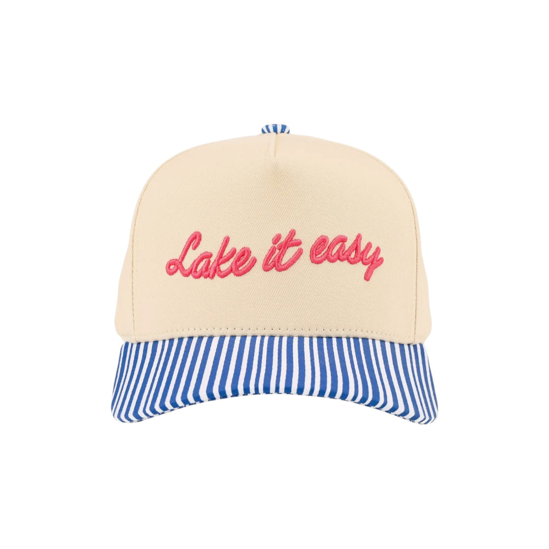 Lake It Easy Pink Letter Embroidered Two Tone Cobalt Stripe Trucker Hat
