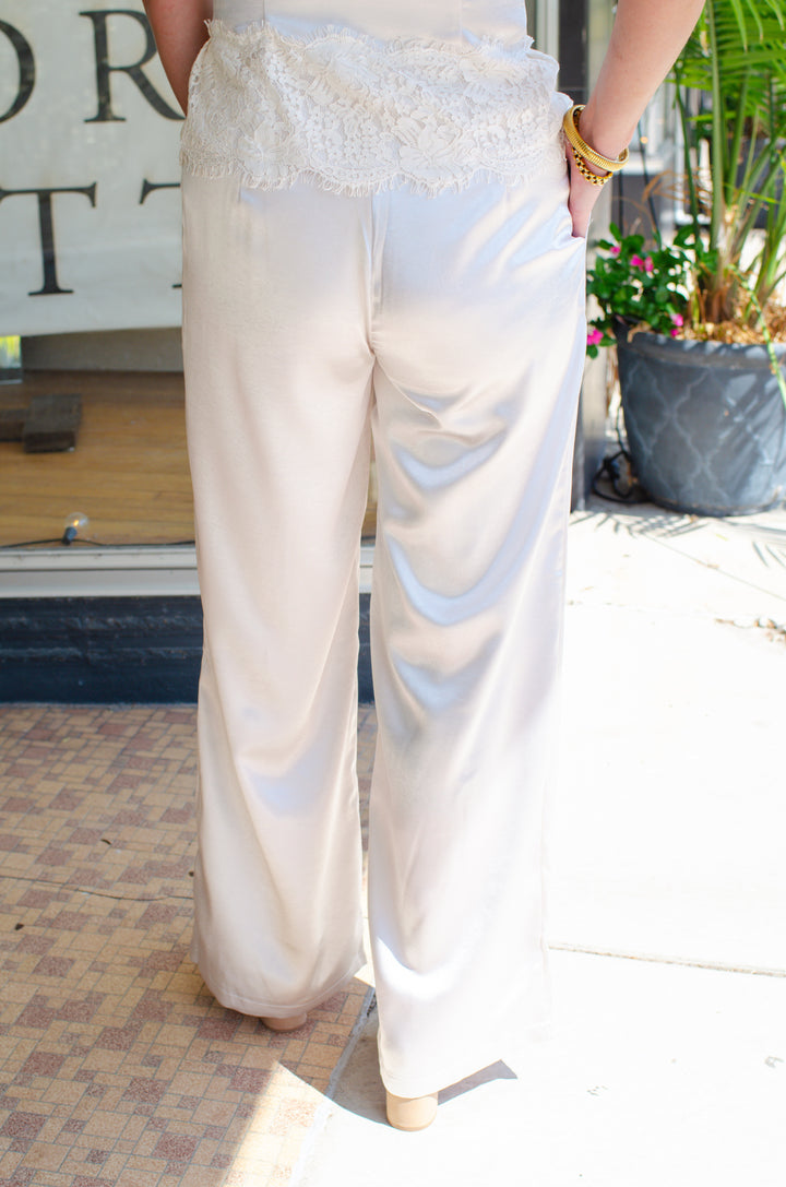 Fall Romance High Rise Satin Wide Leg Pant in Champagne