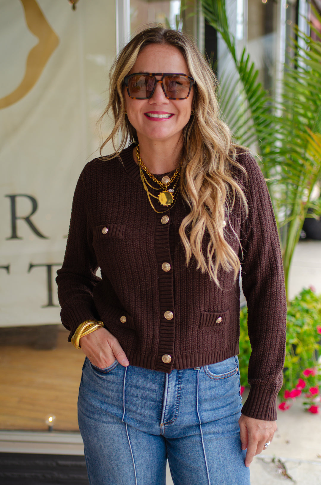 Stylish Moments Gold Button Detailed Sweater Top in Brown