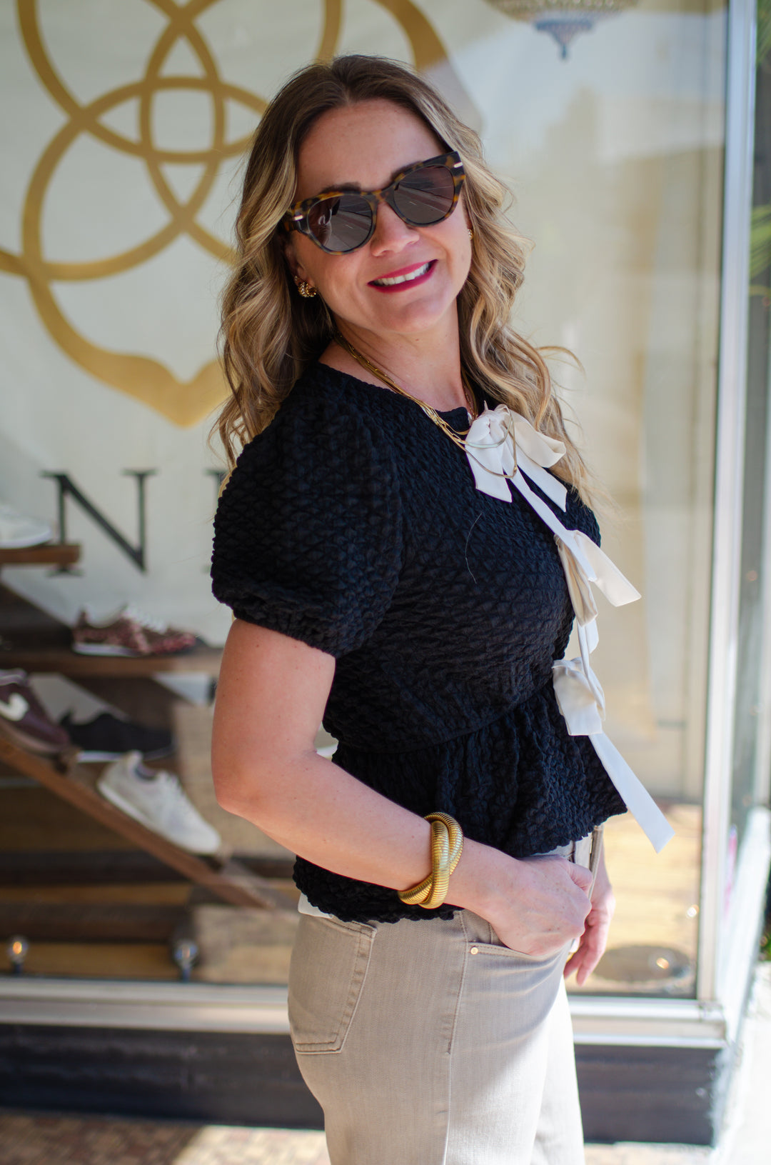 Take Me Out Bow Front Textured Top in Black