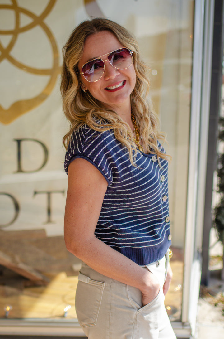 Coastal Moment Knit Stripe Button Down Top in Navy