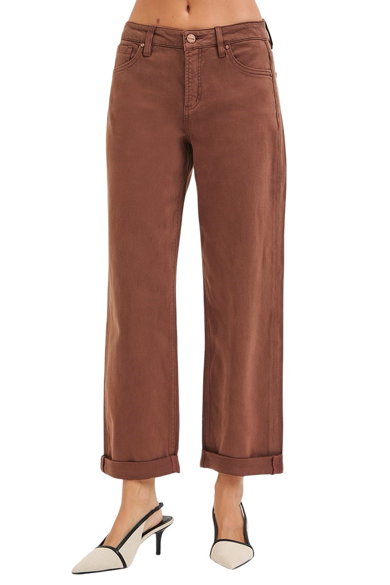 Risen Tummy Control Mid Rise Ankle Barrel Relaxed Baggy Jeans in Chocolate