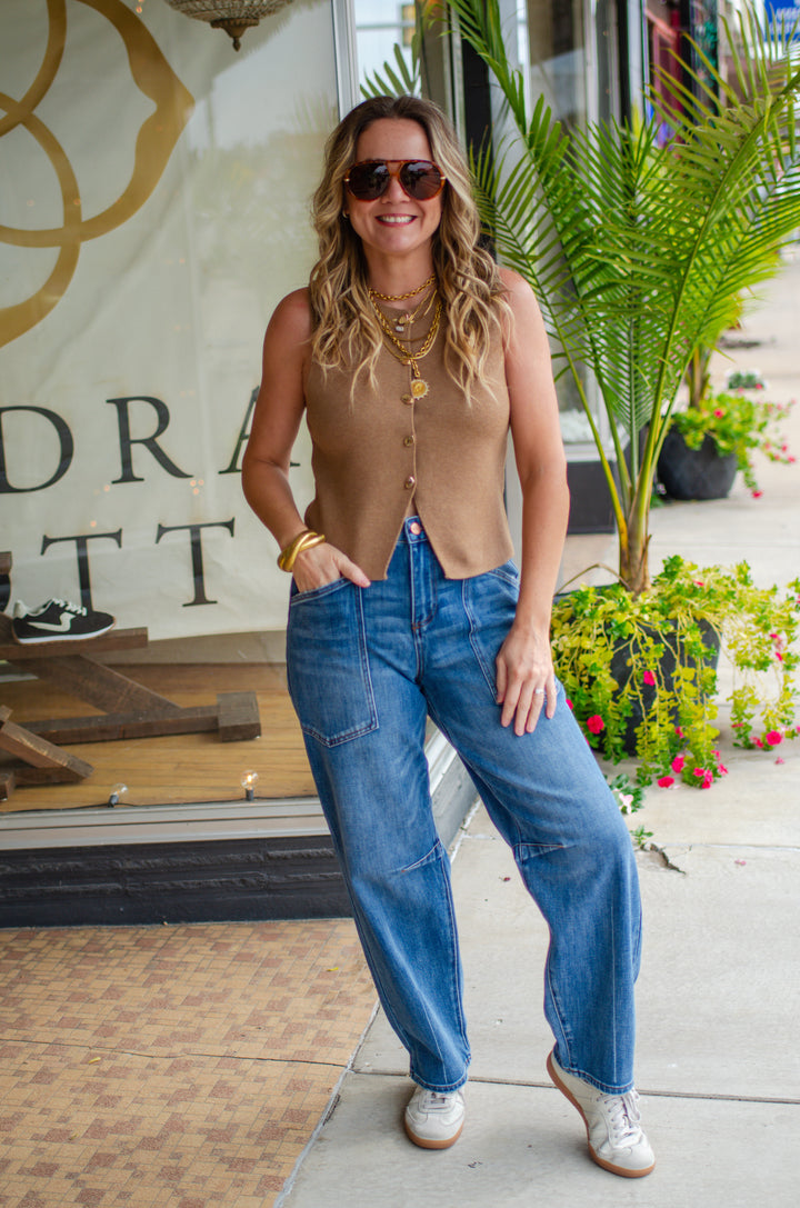 Classic Style Button Down Top in Dark Taupe