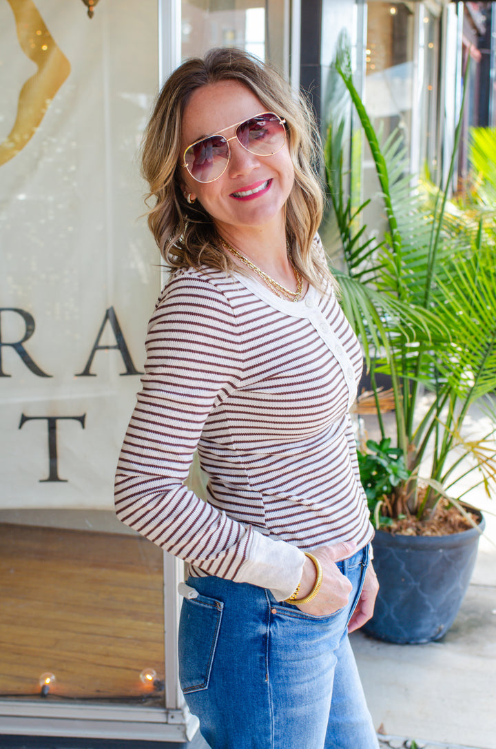 Fall Moment Stripe Henley Top in Oatmeal & Chocolate Mix