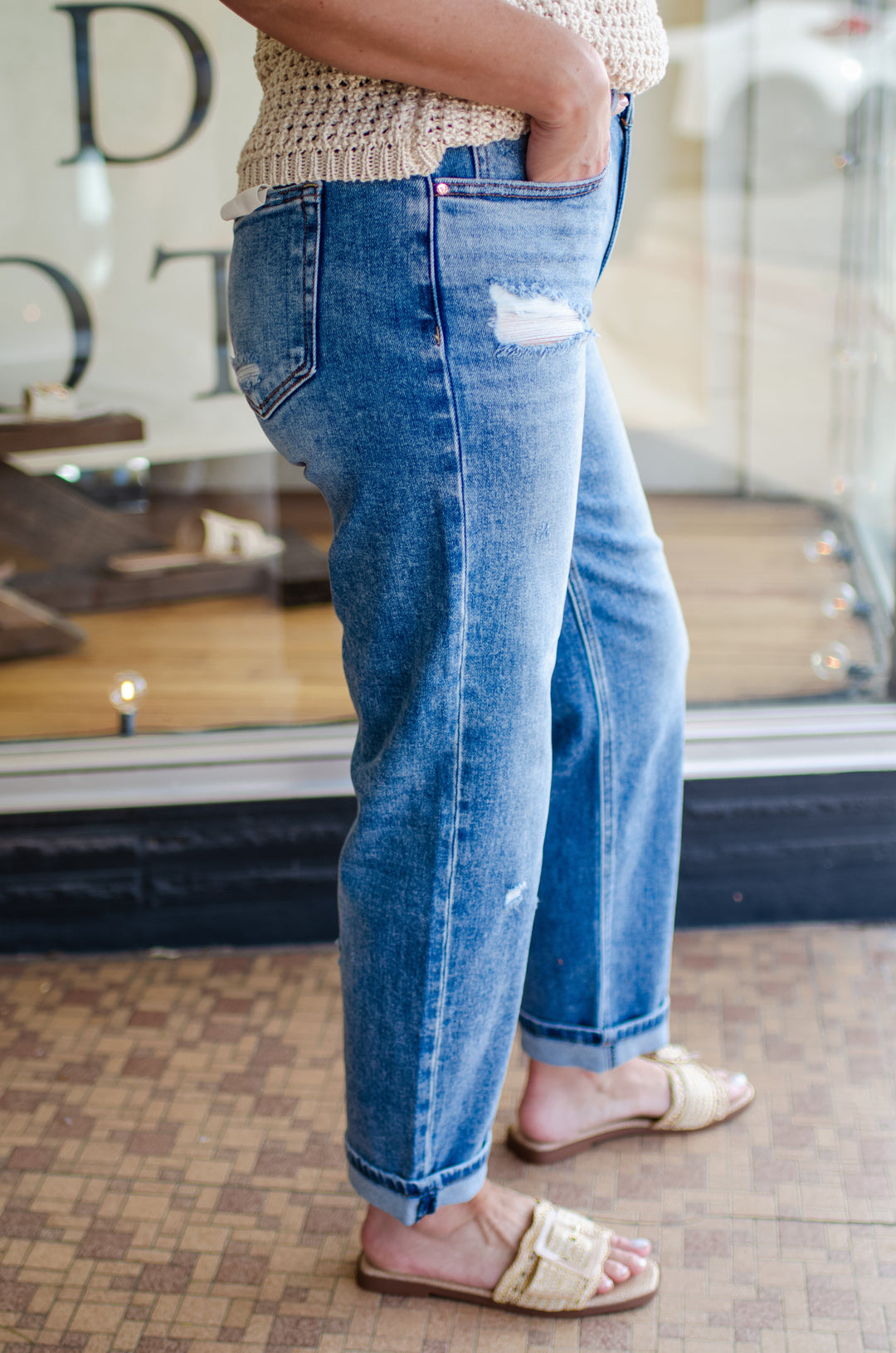 Risen High Rise Ankle Boyfriend Distressed Jeans in Medium