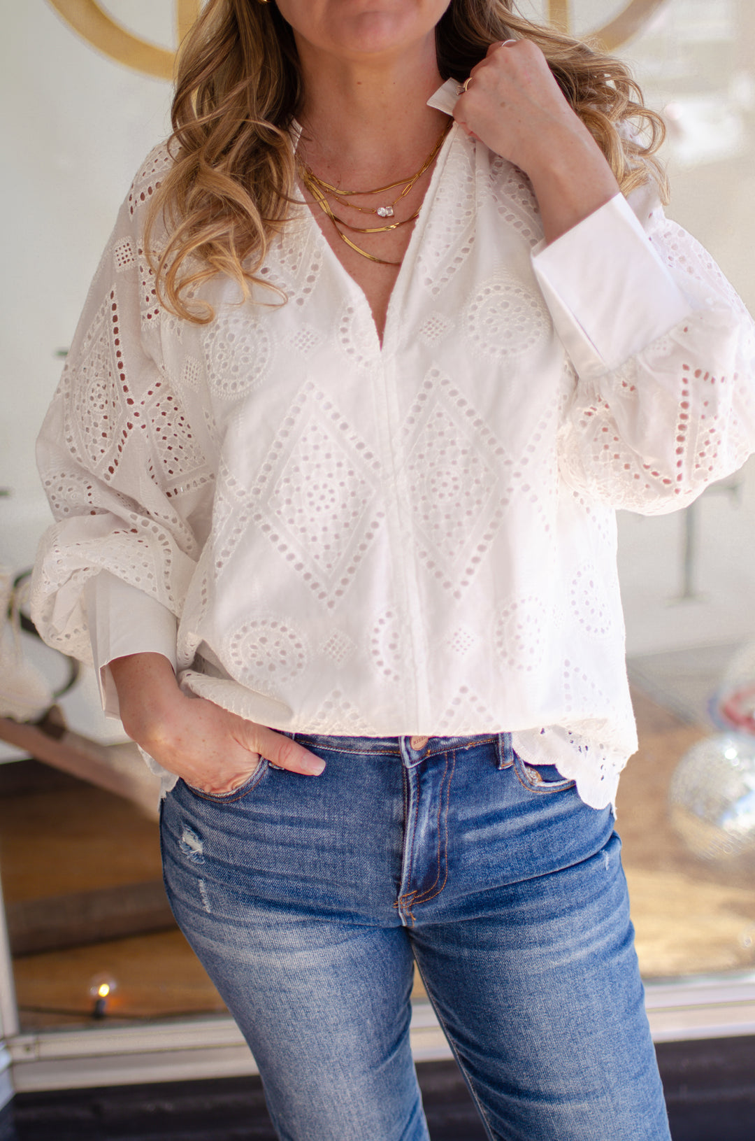 Summer Stroll Eyelet V-Neck Long Sleeve Blouse in White