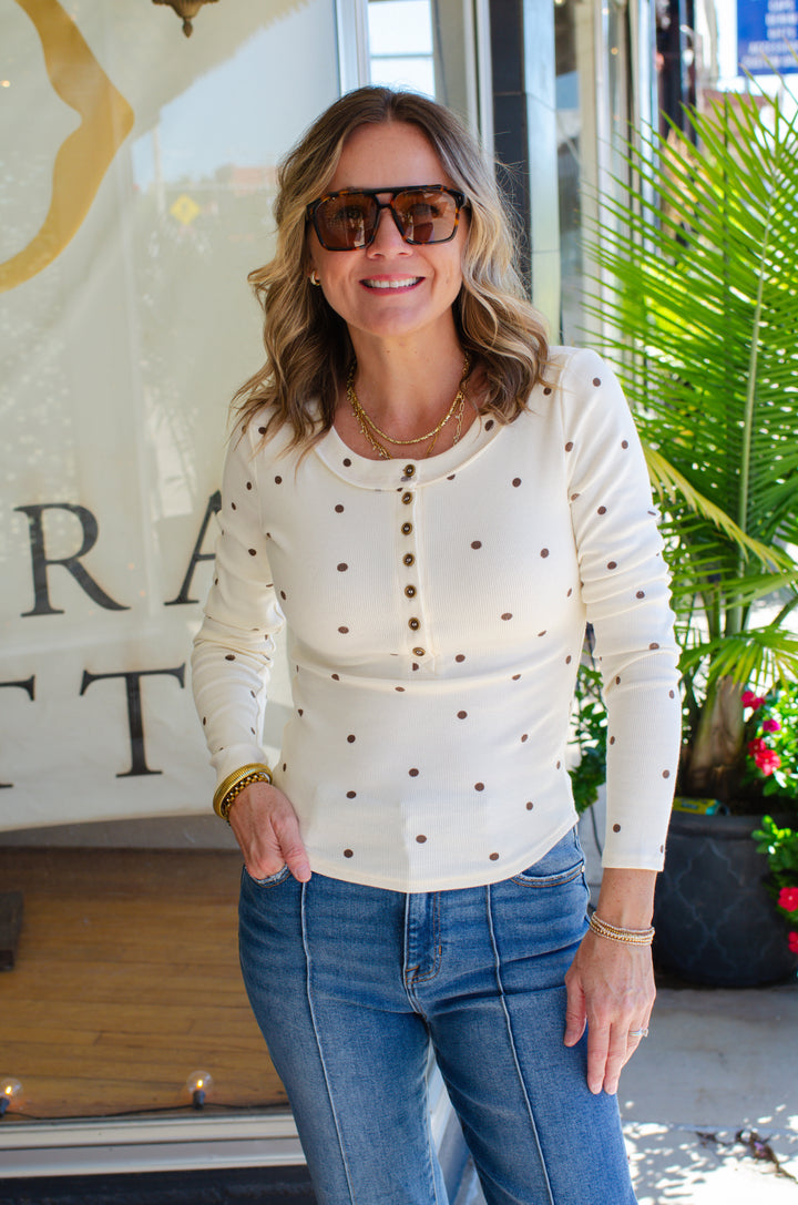 Count On Me Polka Dot Button Down Long Sleeve Fitted Top in Cream