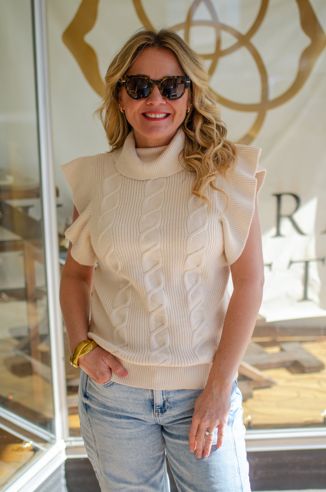 Love in The Air Ruffle Sleeve Cable Knit Sweater Top in Cream
