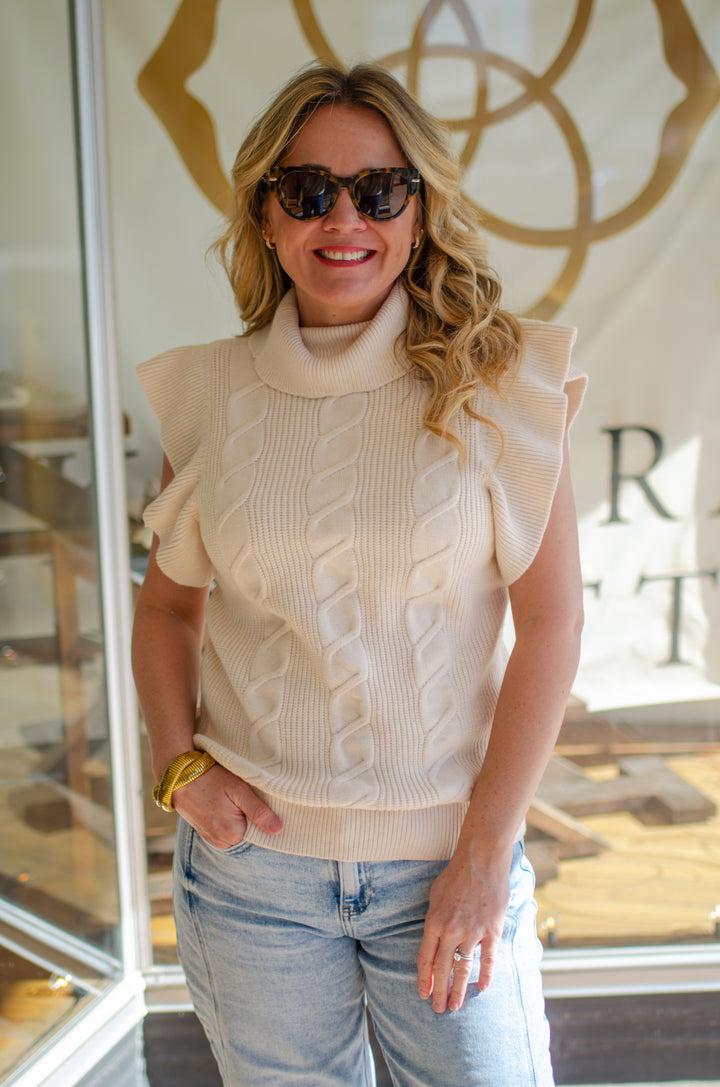 Love in The Air Ruffle Sleeve Cable Knit Sweater Top in Cream