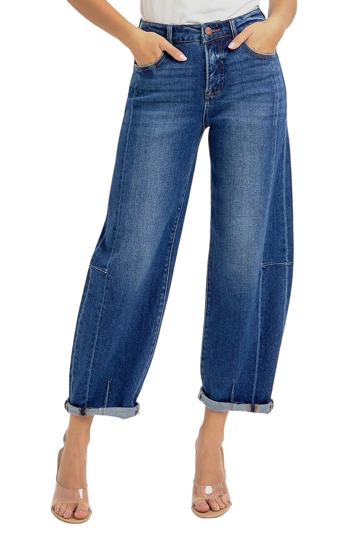 Risen High Rise Barrel Jeans in Dark Wash