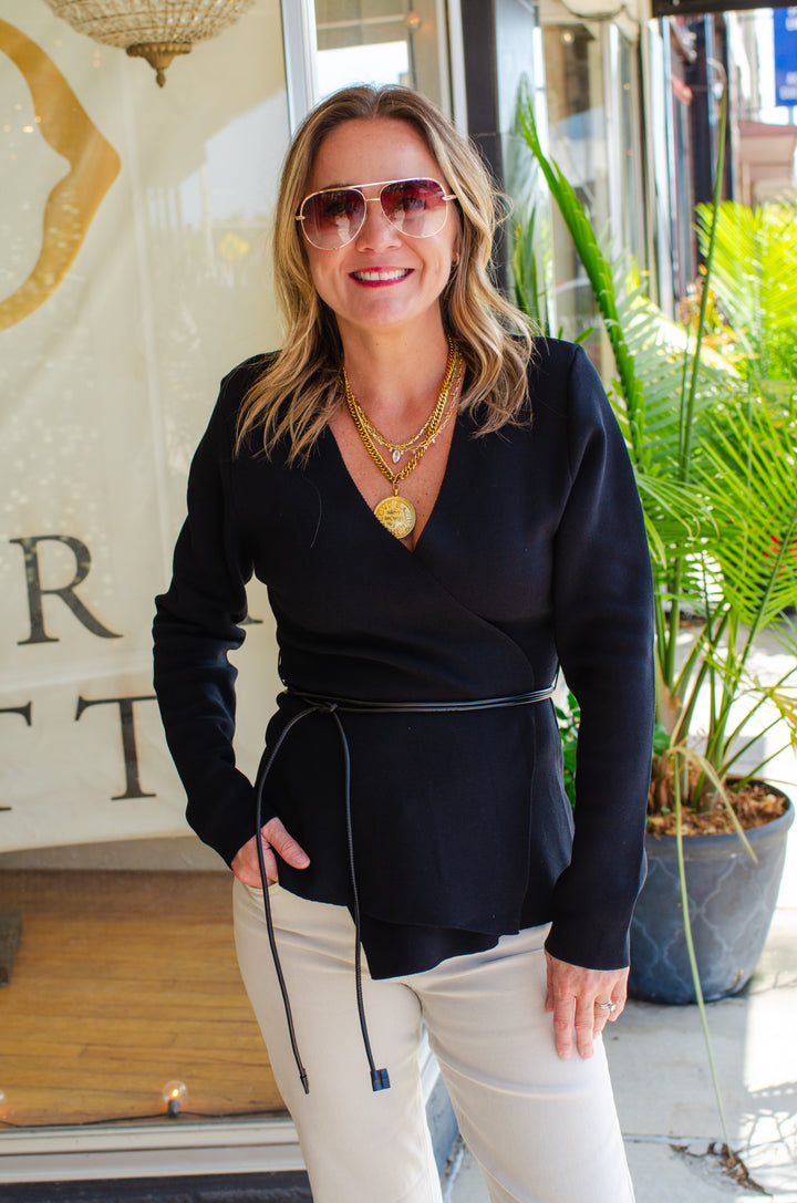Wrapped Up in You Knit Belted Cardigan Top in Black