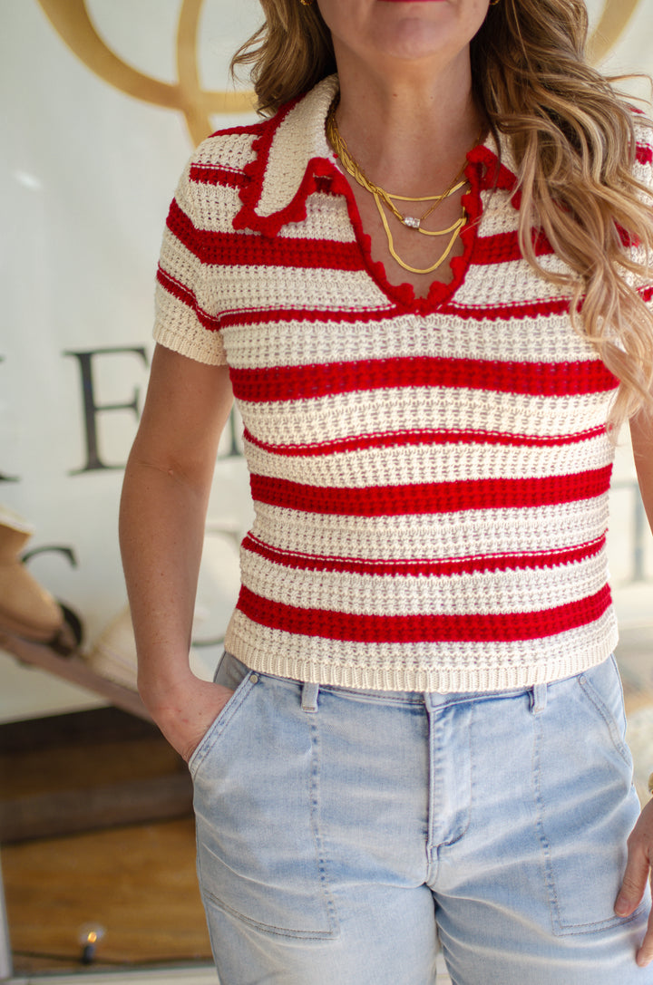 First Love Stripe Collated Scallop Trim Crochet Top in Red & Cream