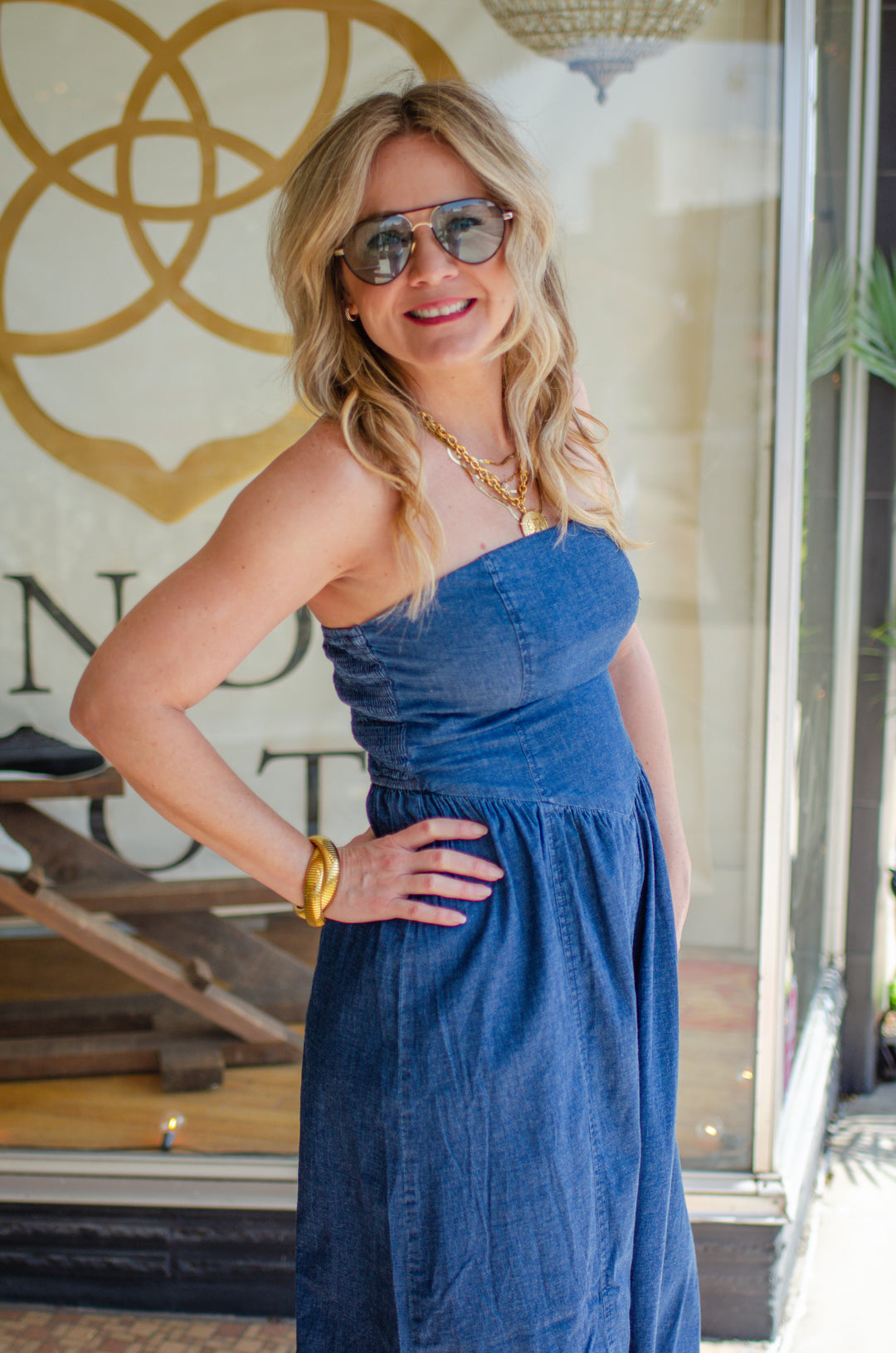 Simply Charmed Denim Strapless Midi Dress in Dark Wash