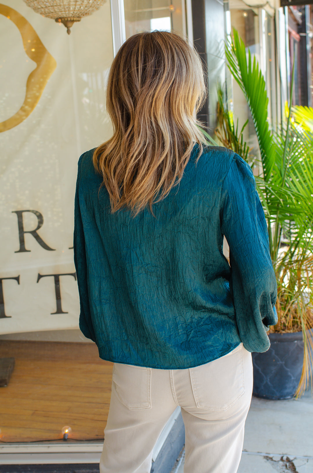 True Heart Bow Neckline Textured Satin Long Sleeve Blouse in Emerald Green
