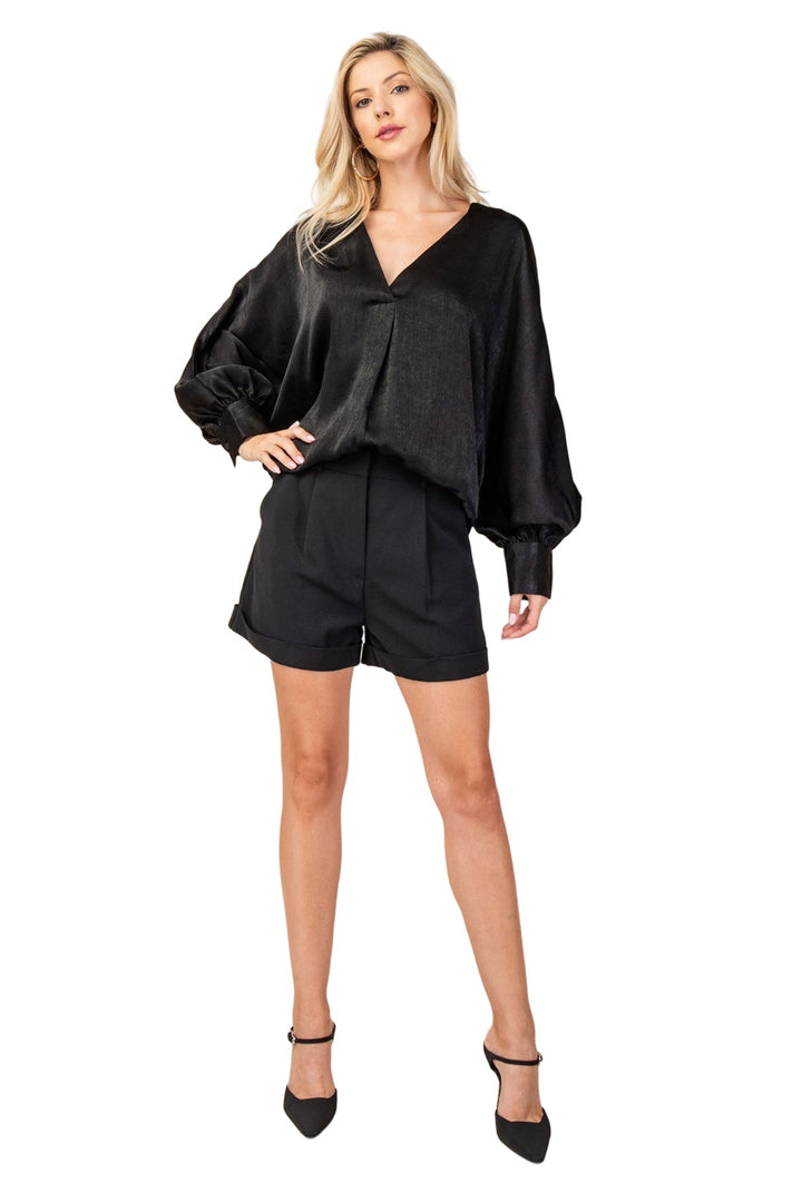 One True Love V-Neck Silky Long Sleeve Top in Black