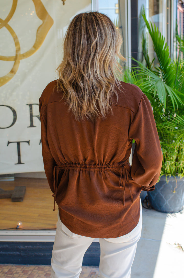 Classic Style 3/4 Sleeve Button Down Top in Chocolate