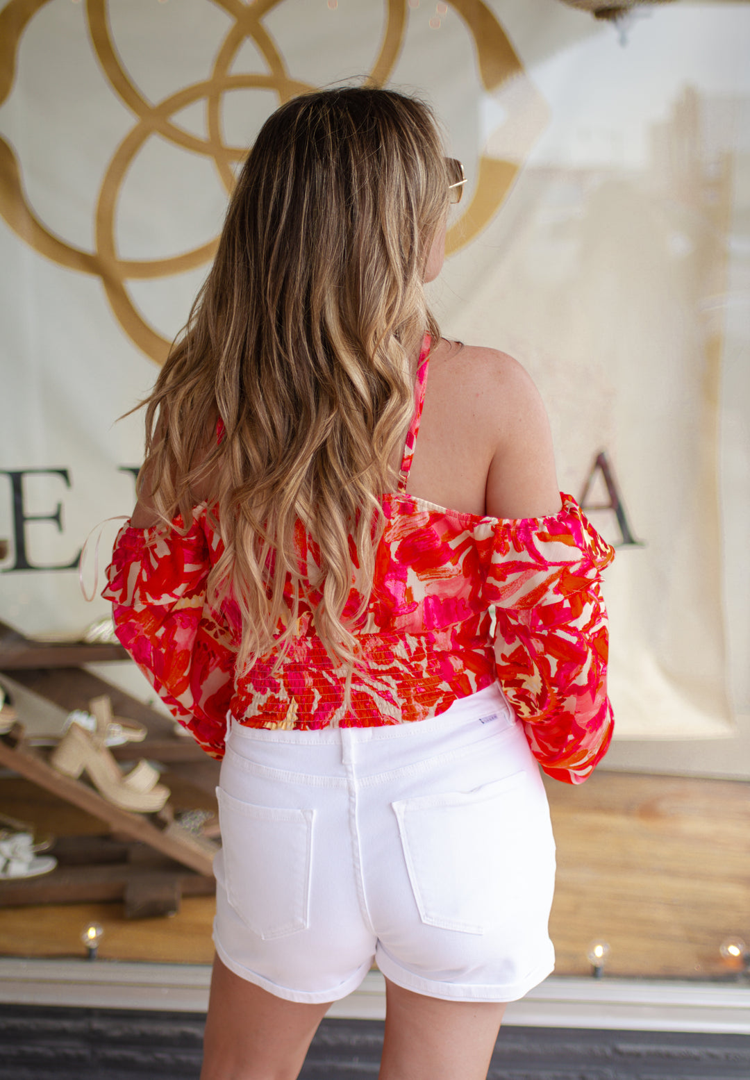 Santorini Summer Floral Off The Shoulder Long Sleeve Halter Top with Ruffles