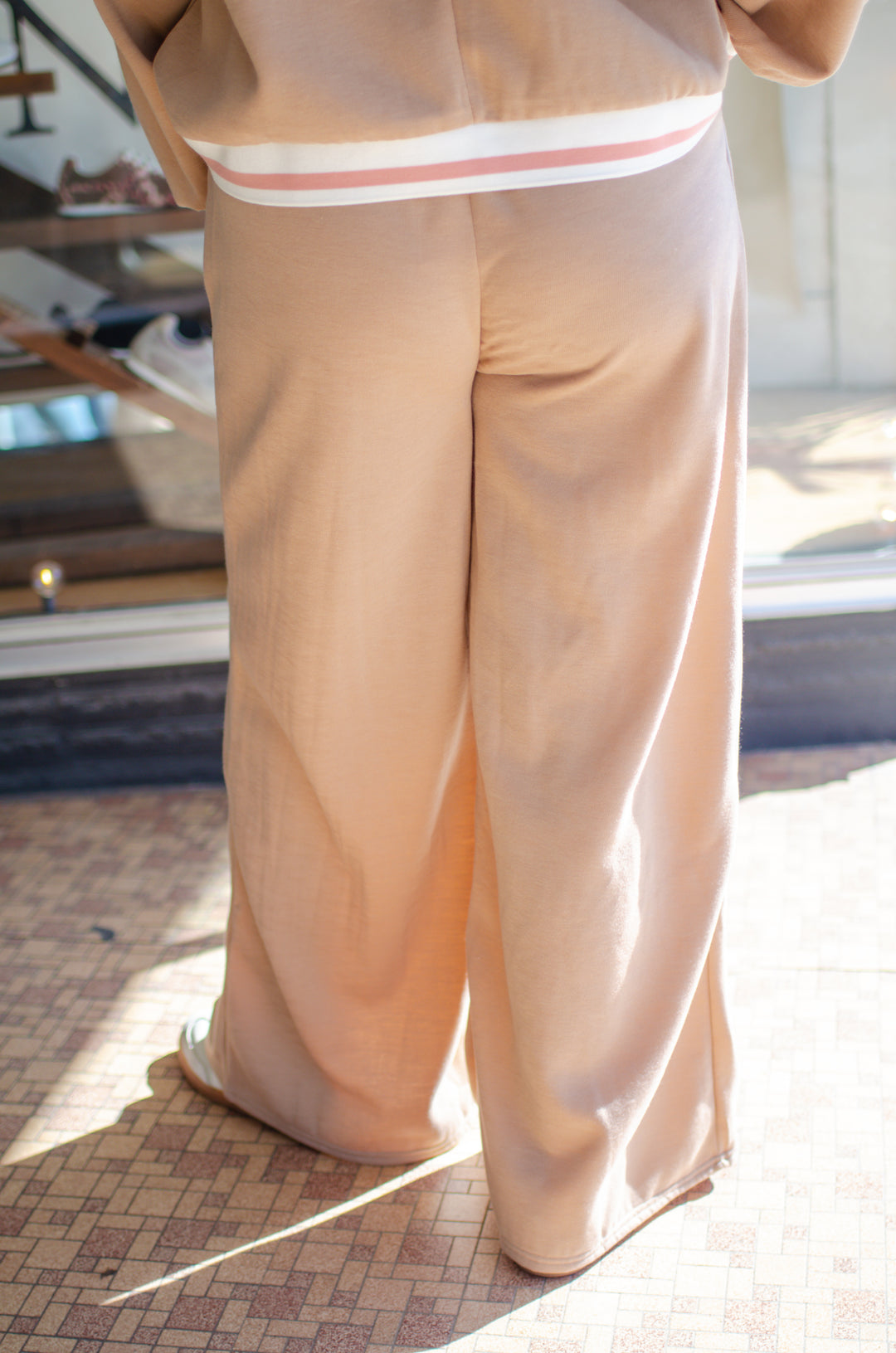 Make Your Day Tan Knit Wide Leg Pants with Pink & White Stripe Details