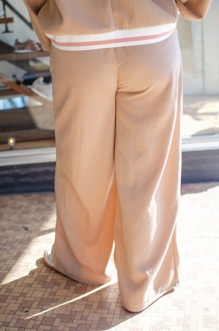 Make Your Day Tan Knit Wide Leg Pants with Pink & White Stripe Details