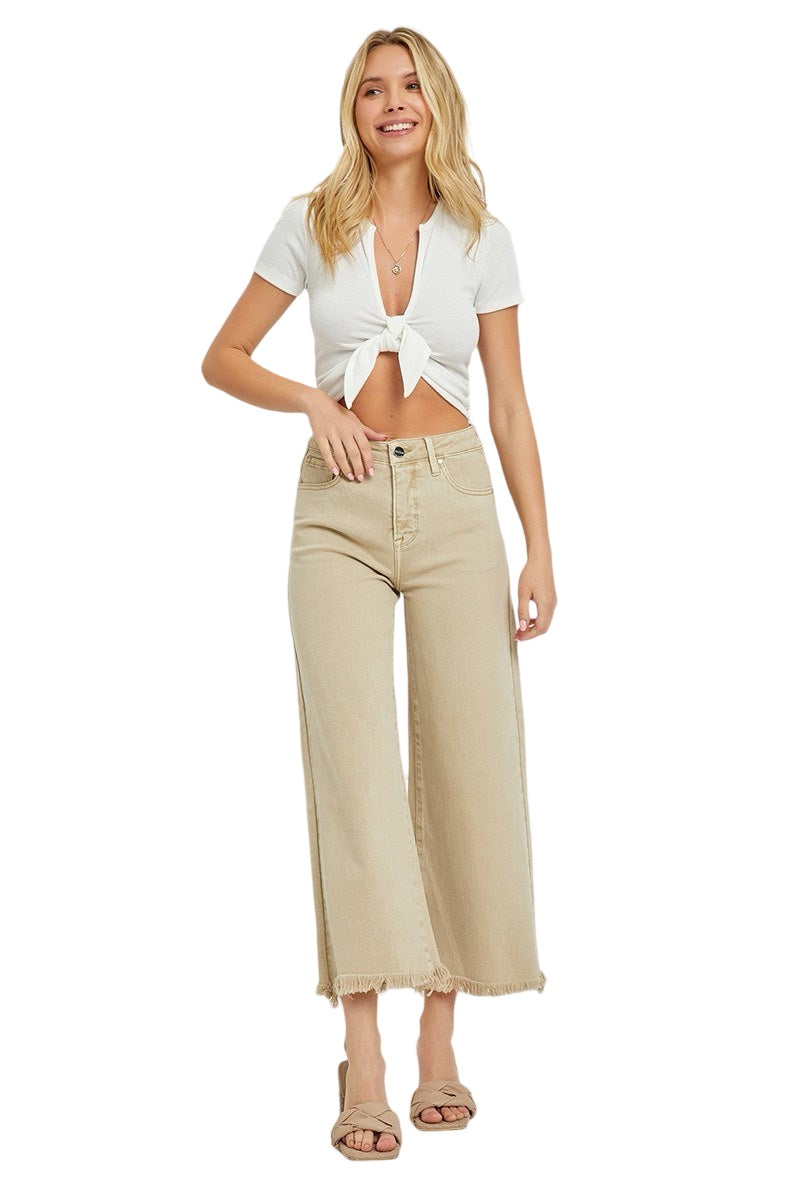 Risen High Rise Tummy Control Wide Crop Leg Jeans in Khaki