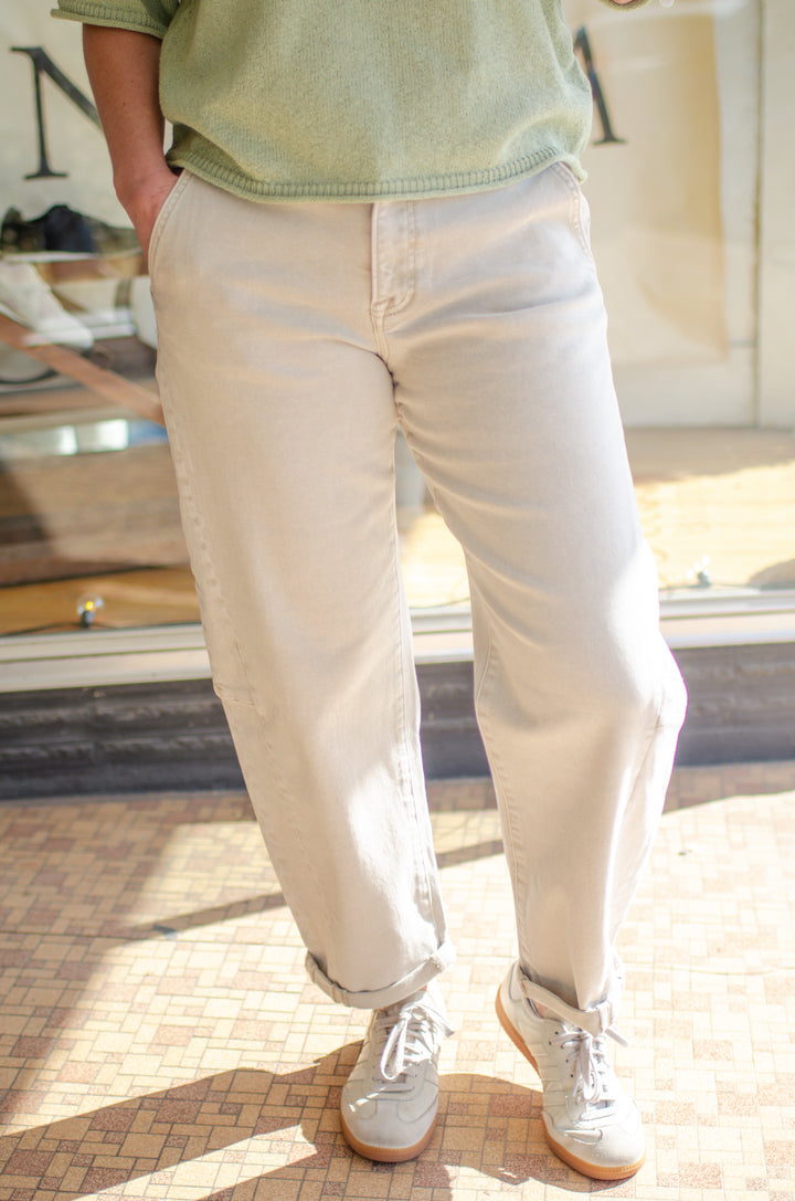 Risen High Rise Relaxed Barrel Cuffed Jeans in Almond