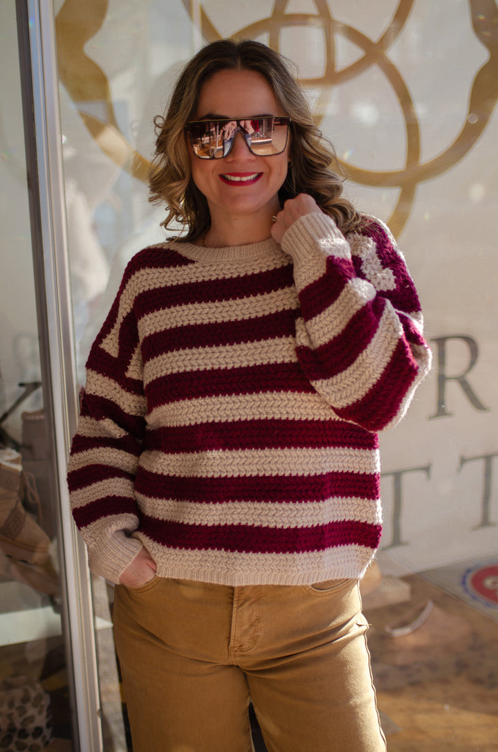 Time After Time Burgundy & Cream Stripe Round neck Knit Sweater