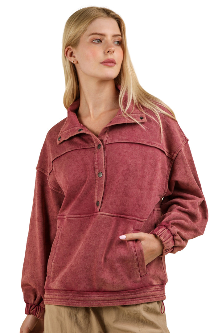 Take It Easy Mineral Washed Button Down Henley Sweatshirt Top in Wine