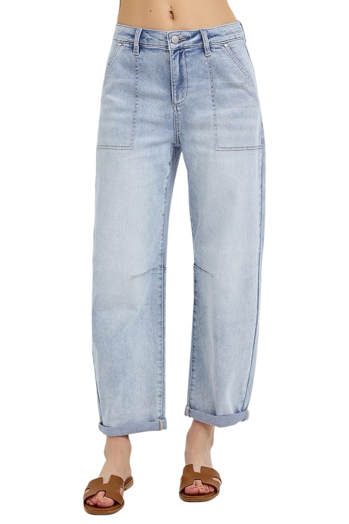 Risen Mid Rise Barrel Relaxed Patch Pocket Jeans in Light Wash