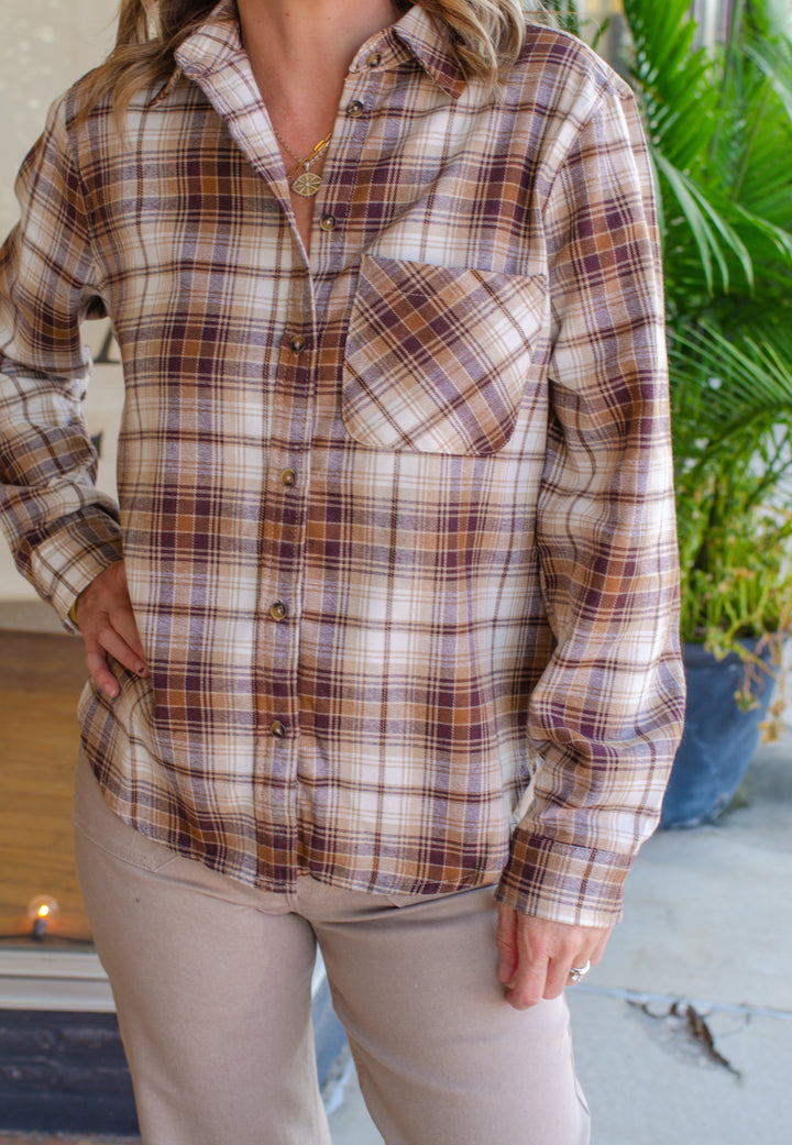 Fall Feels Lightweight Button Down Plaid in Brown/Taupe Mix