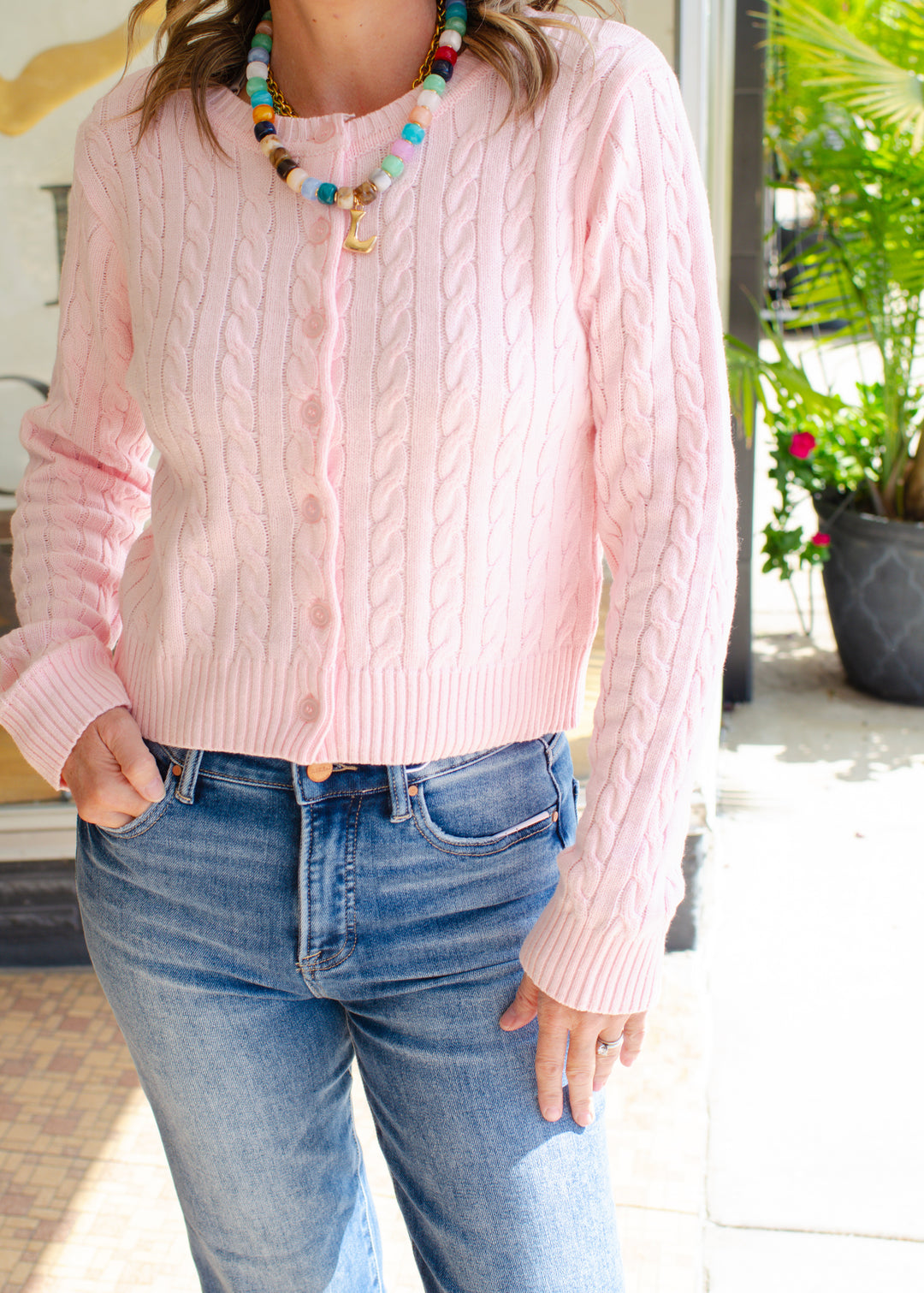 Classic Cable Knit Button Down Cardigan in Pink