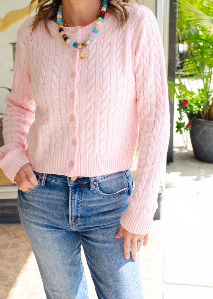 Classic Cable Knit Button Down Cardigan in Pink