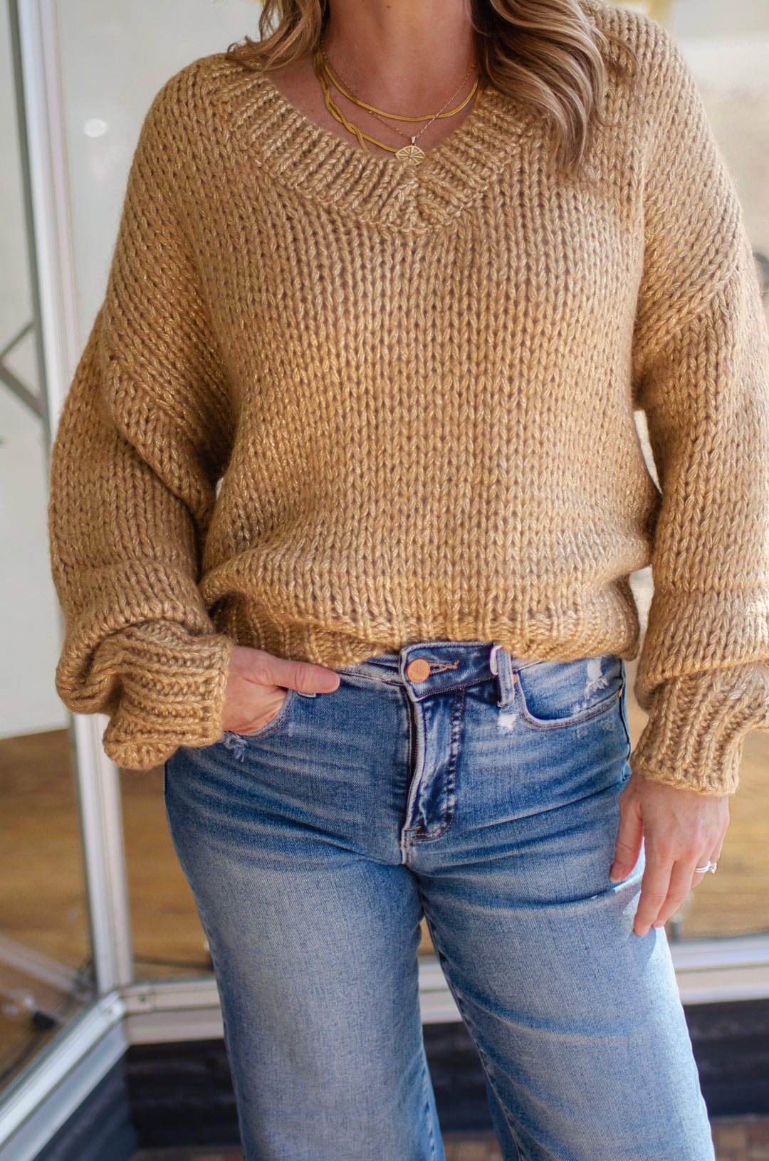 Forever Intertwined Metallic Gold & Canel V-Neck Knit Sweater