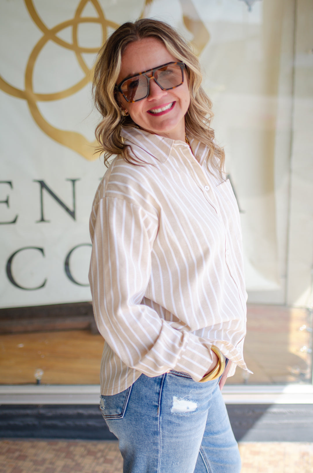 Fall Classic Stripe Button Down Boyfriend Top in Taupe